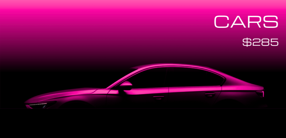 Silhouette of a pink car with text advertising cars for $285