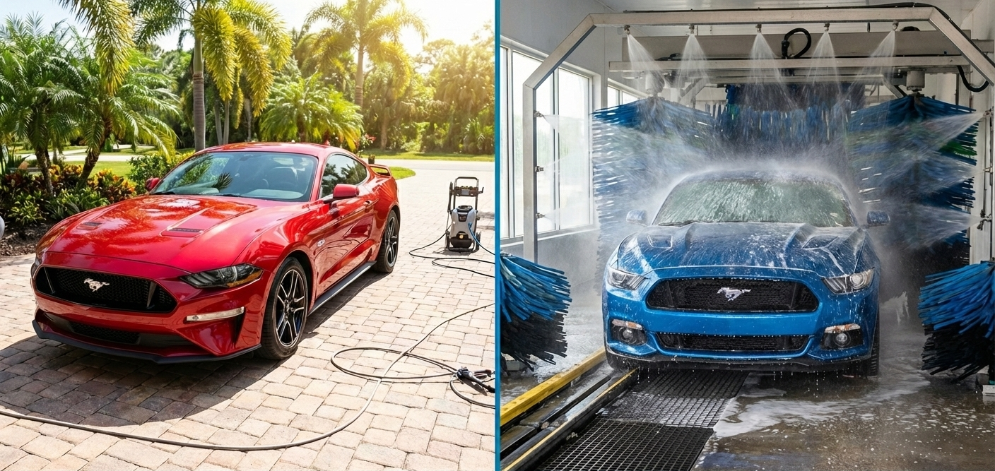 A red Ford Mustang car being washed outside with a garden and trees in the background, and a blue Ford Mustang being washed by an automatic car wash.
