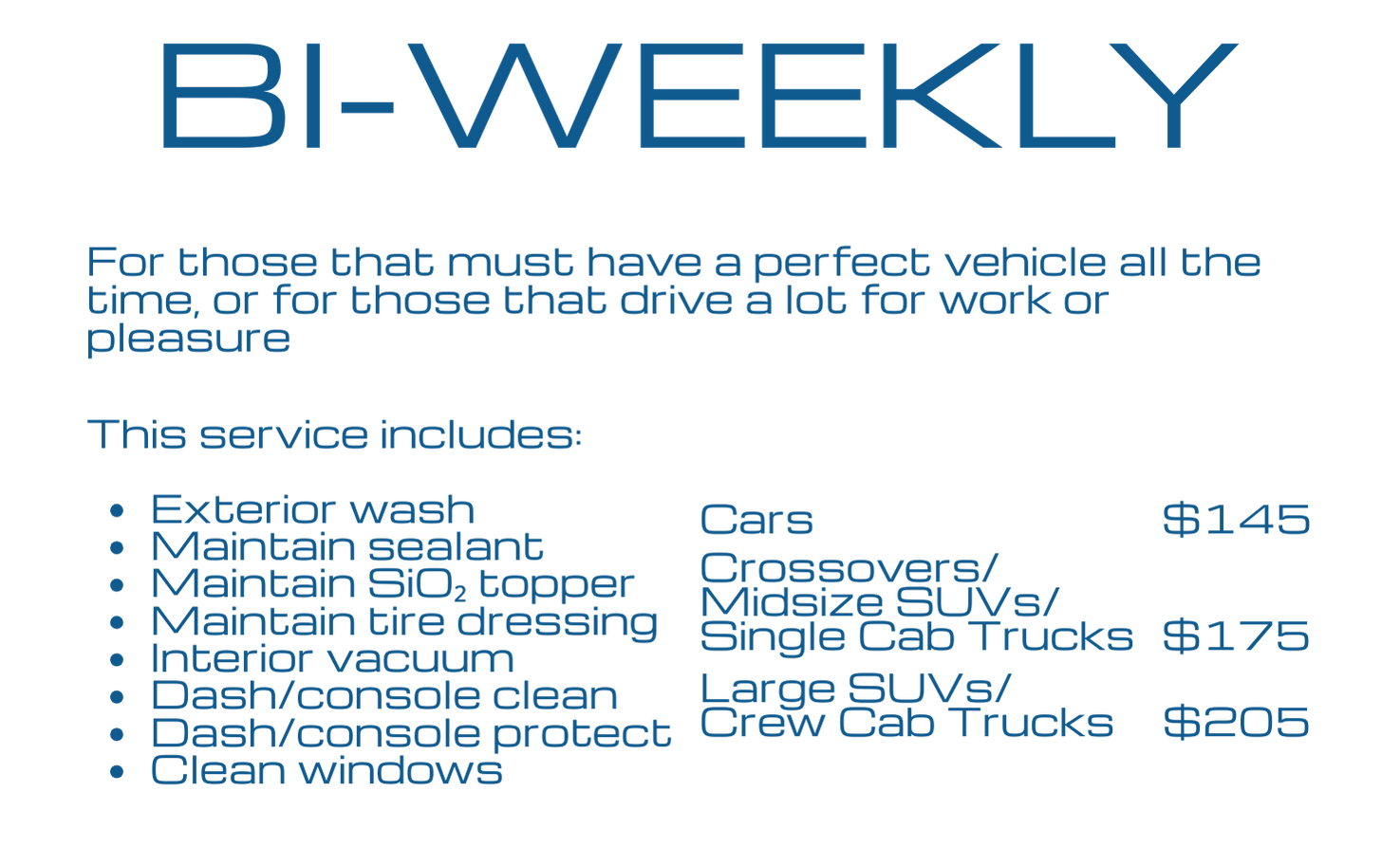 Advertisement for vehicle wash services with pricing details and list of included services such as exterior wash, interior vacuum, and window cleaning.