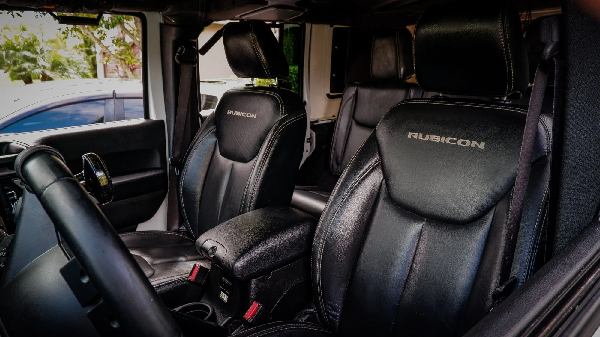 Interior of a clean Jeep.