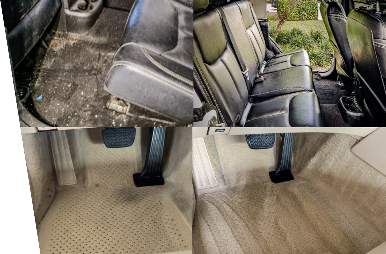 Picture of a before and after of a car's interior.