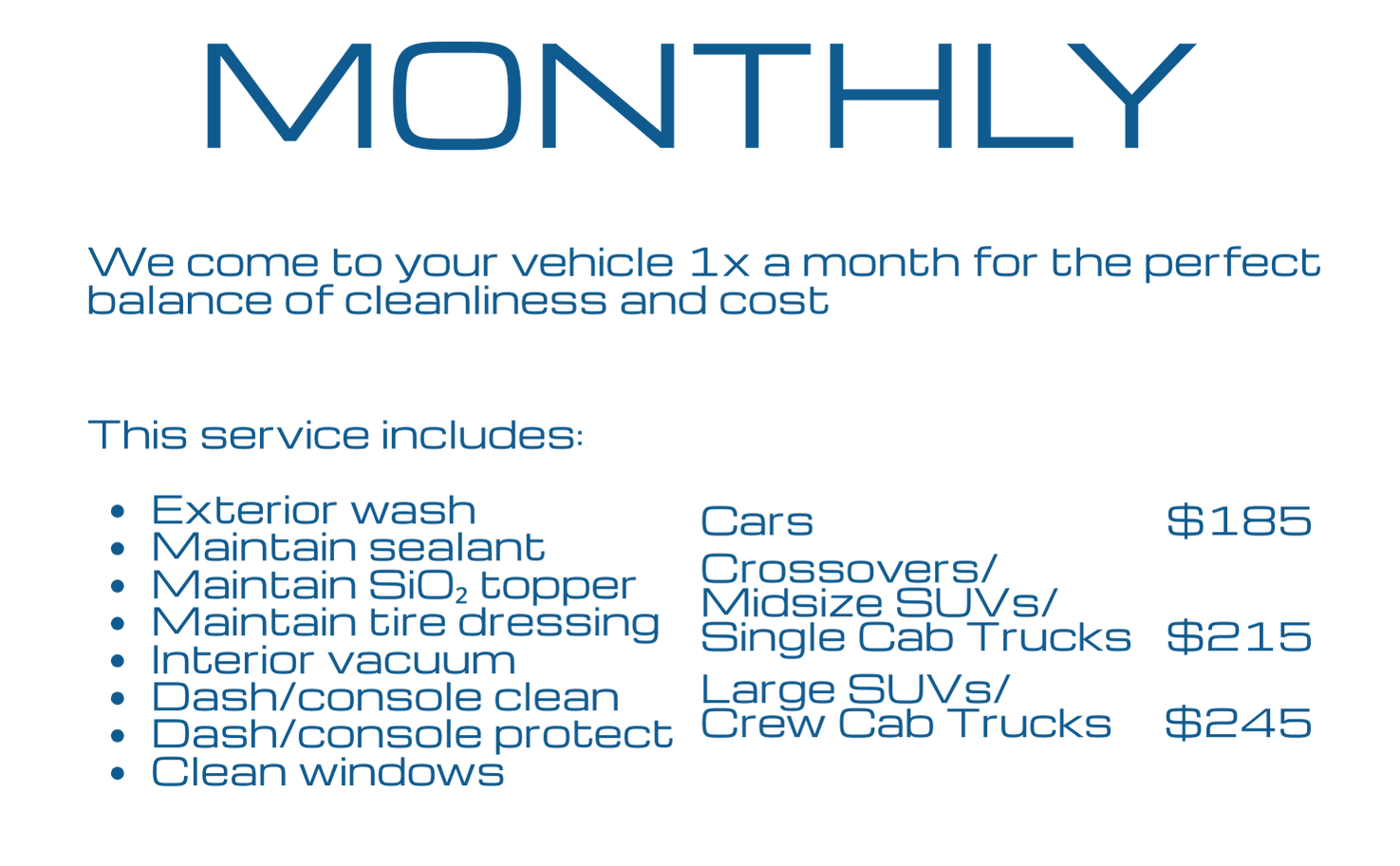 Promotion for monthly vehicle cleaning services including exterior wash, sealant, tire dressing, interior vacuum, and window cleaning, with prices for cars, SUVs, and trucks.