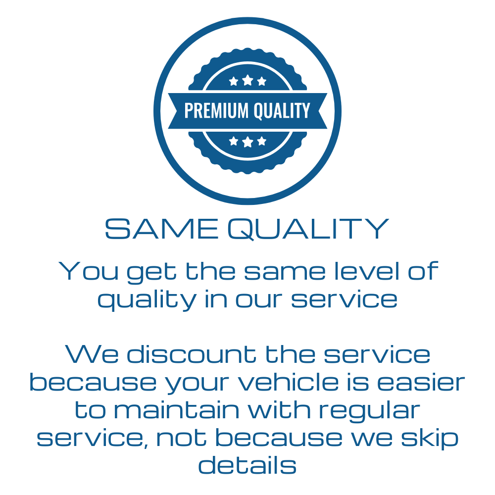 A badge with the words "Premium Quality" and stars, accompanied by text stating the service offers the same quality with discounted prices for regular vehicle maintenance.