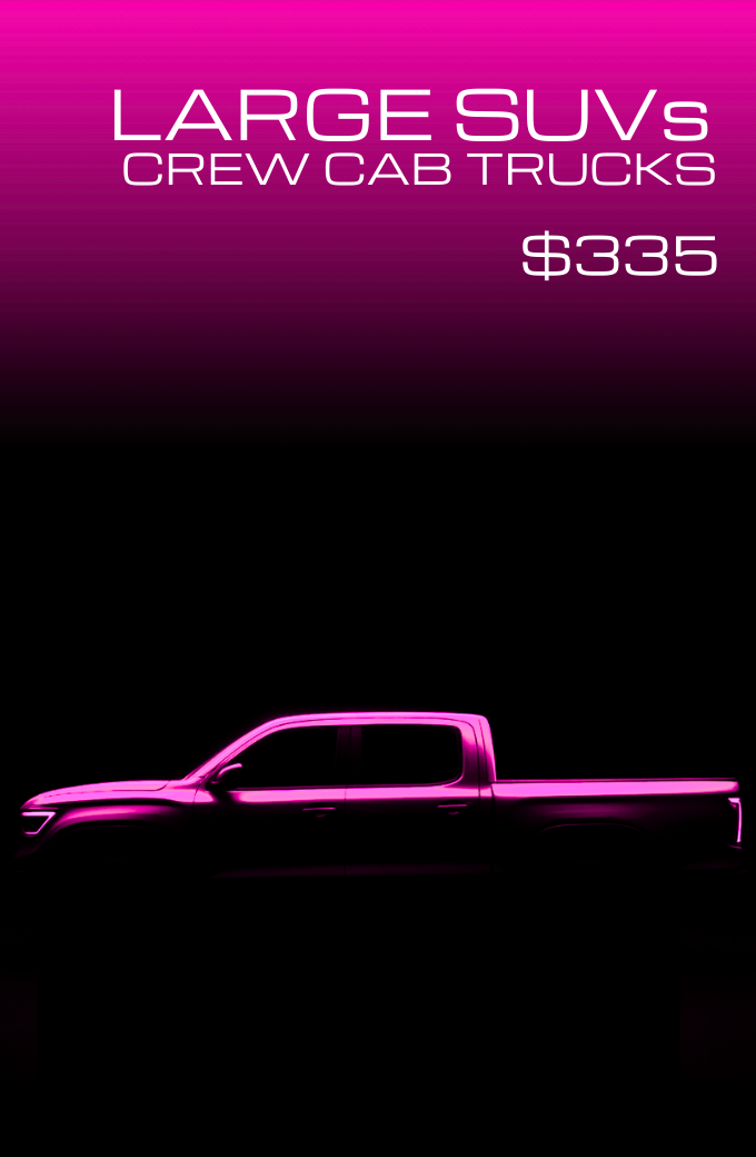 Pink neon outline of a large crew cab pickup truck with promotional text for large SUVs, crew cab trucks, priced at $335, against a black background.