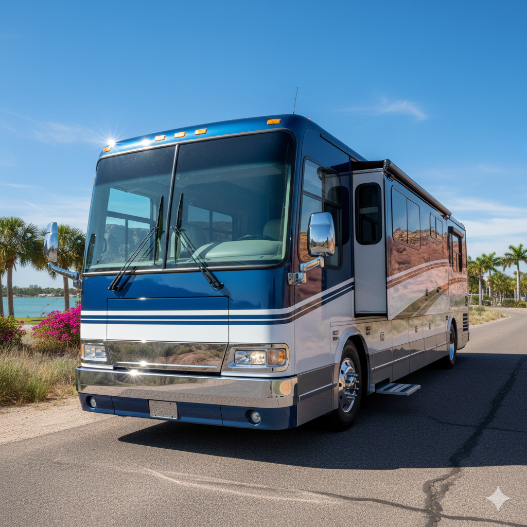 freshly detailed RV parked next to a beach