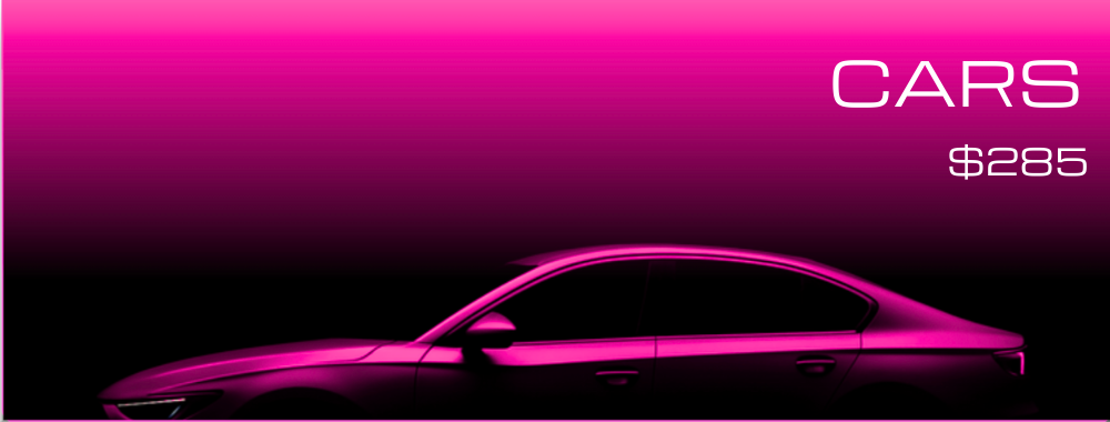 A digital advertisement for cars featuring a sleek pink car silhouette against a pink and black gradient background.