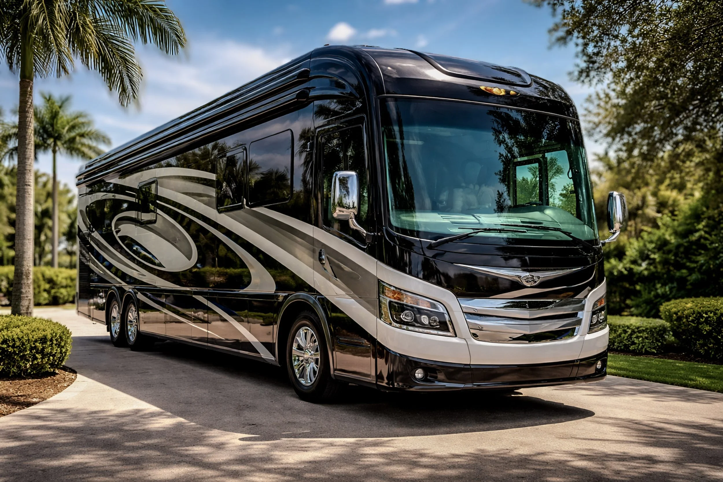 freshly detailed RV parked in a luxury driveway