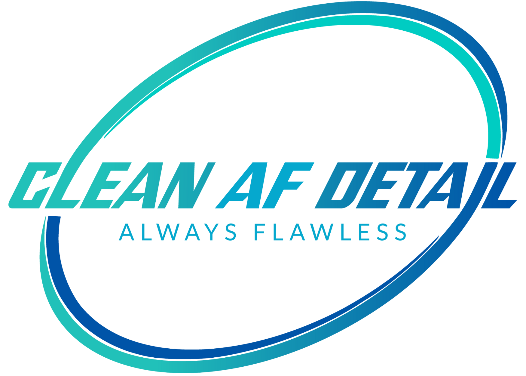 A logo with the word 'CLEAN AF DETAIL' in large, stylized letters, with the tagline 'ALWAYS FLAWLESS' underneath, surrounded by a blue and green swoosh.