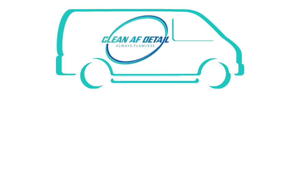 Illustration of a van with a logo that says 'CLEAN AF DETAIL' and the tagline 'ALWAYS FLAWLESS.' Below, it reads 'Mobile Detailing Step 2' and a description of the mobile vehicle detailing service.