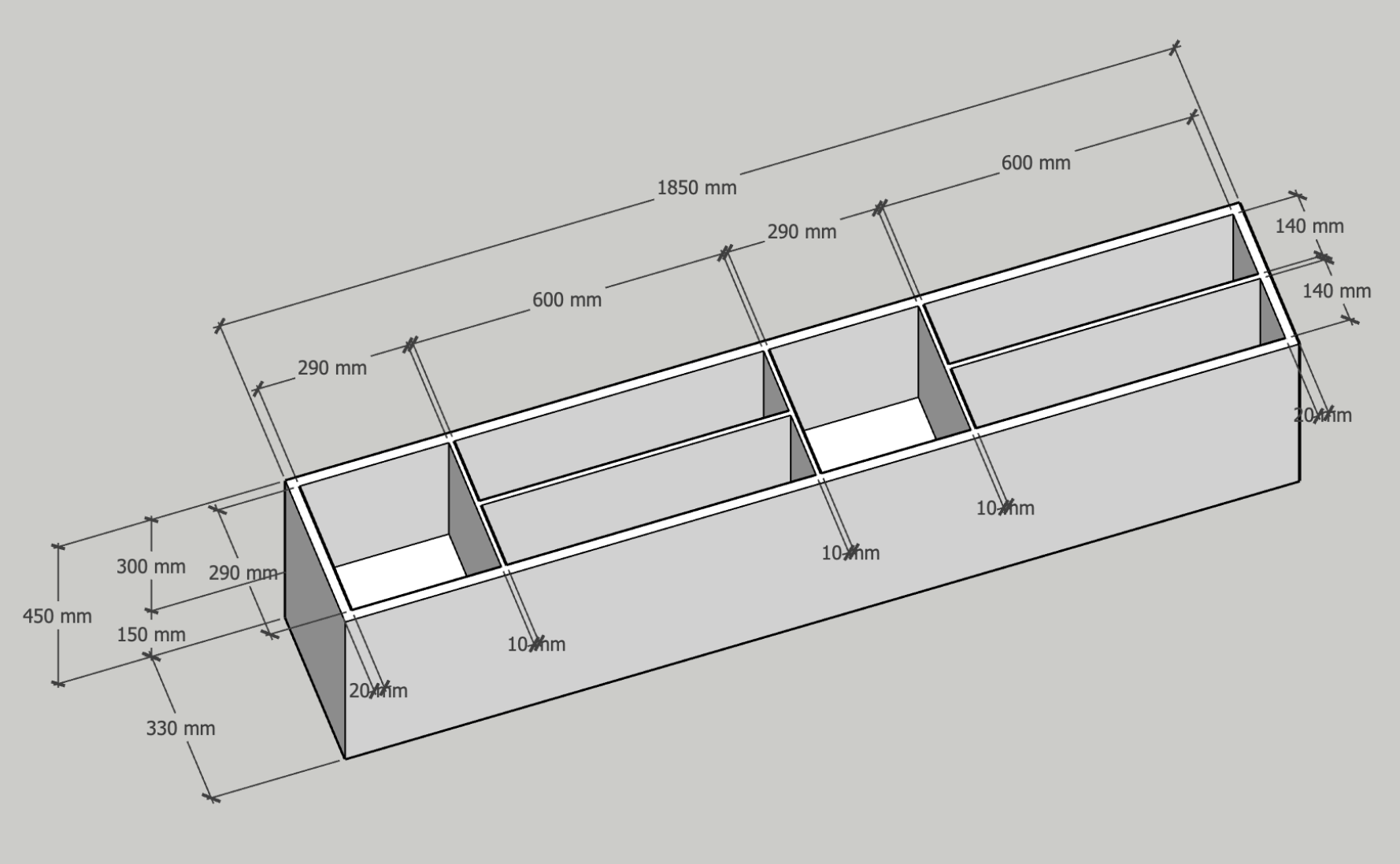 A technical drawing of a rectangular structure with multiple compartments, showing dimensions in millimeters, including length, width, height, and internal measurements.