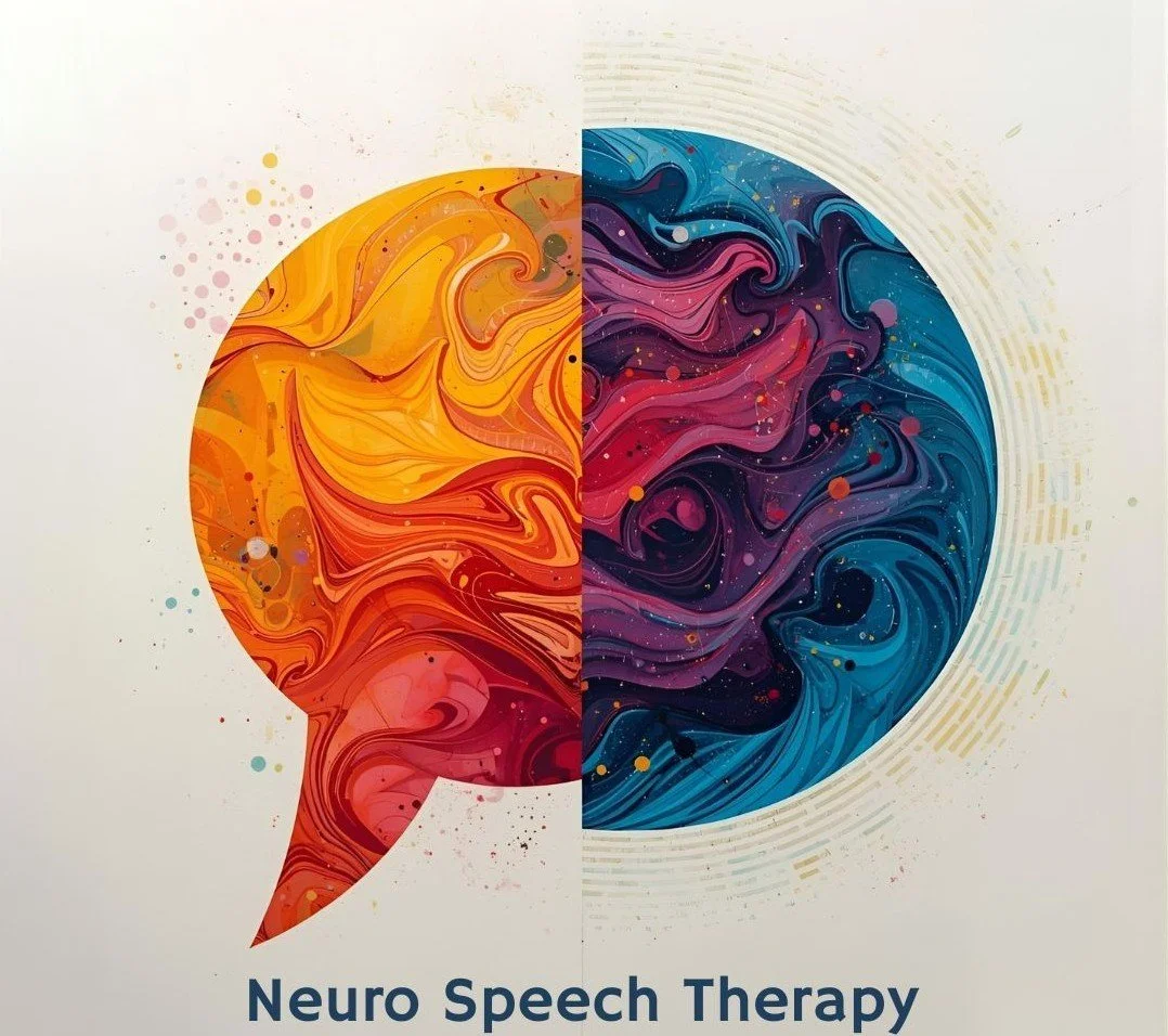 Colorful artistic illustration of a human head in profile, split into two halves with swirling patterns; the left side in warm tones of orange, red, and yellow, and the right side in cool tones of blue, purple, and pink. Below, the text reads 'Neuro Speech Therapy'.