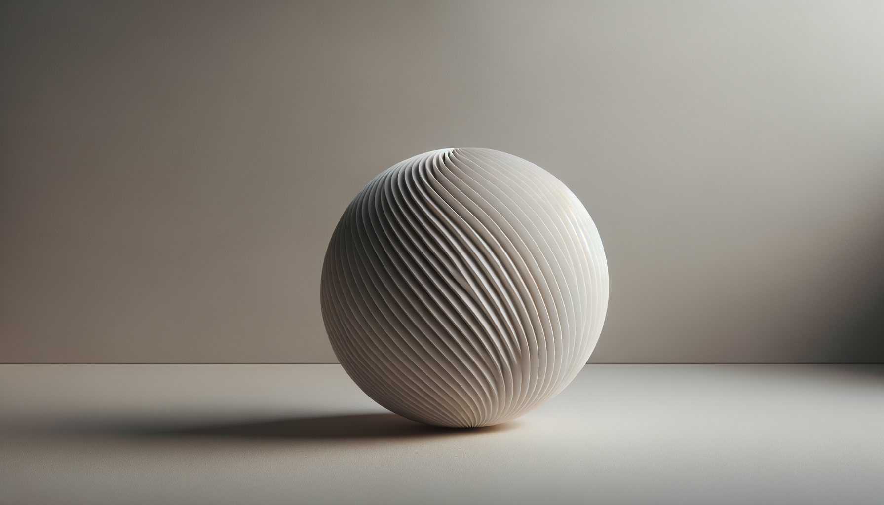 A decorative white spherical object with a textured, spiraling pattern, placed on a smooth surface with a neutral background.