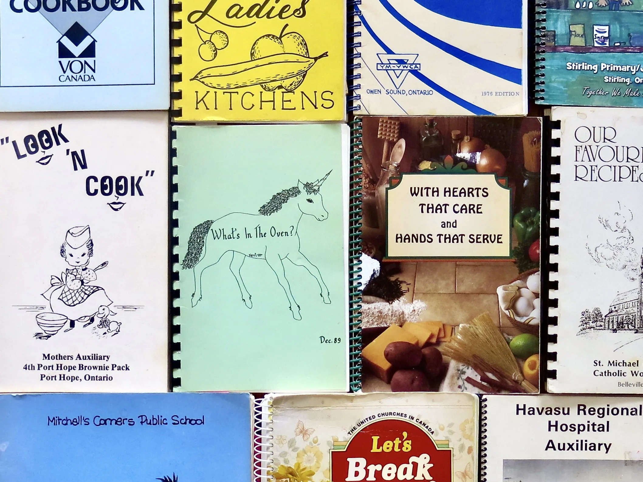 A collection of various community cookbooks and recipe booklets arranged side by side, featuring titles and illustrations related to cooking, community groups, and local organizations.