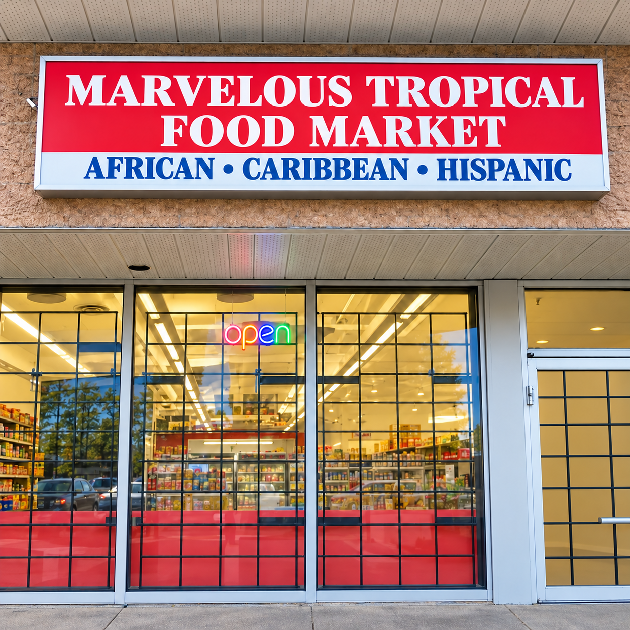 storefront with a red sign reading "Marvelous Tropical Food Market" and a neon "open" sign. The store offers African, Caribbean, and Hispanic foods. Inside, shelves are stocked with various food products, and the store has a glass door and large windows.