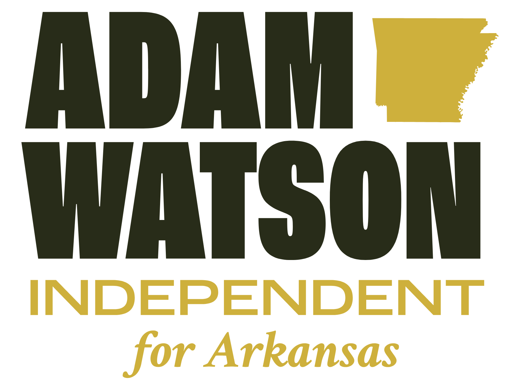 Logo for Adam Watsun, Independent for Arkansas, featuring black and gold text with a gold outline of the state of Arkansas.