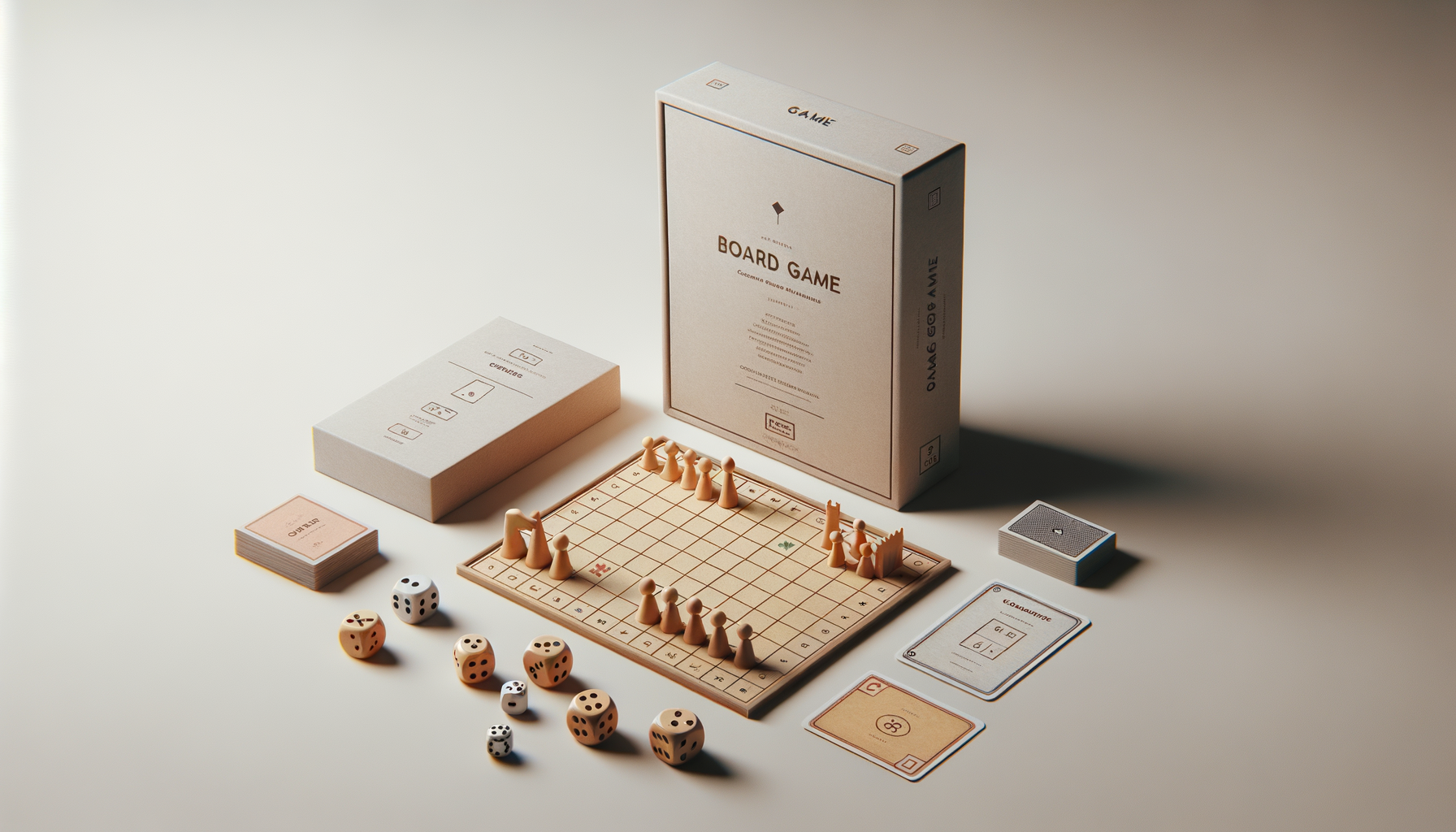 Board game set up on a white surface, including a chess-like game board with game pieces, dice, cards, and packaging labeled 'Board Game'.