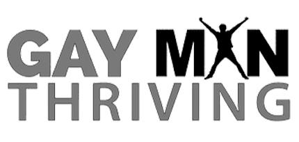 Logo with the words 'Gay Men Thriving' in bold capital letters, with a stylized image of a man with arms raised behind the letter 'M' in 'MEN'.
