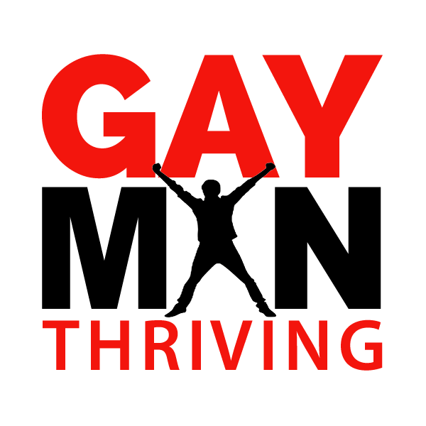 A silhouette of a person with arms raised, standing in front of the words 'GAY THRIVING' in bold red letters, against a black background.