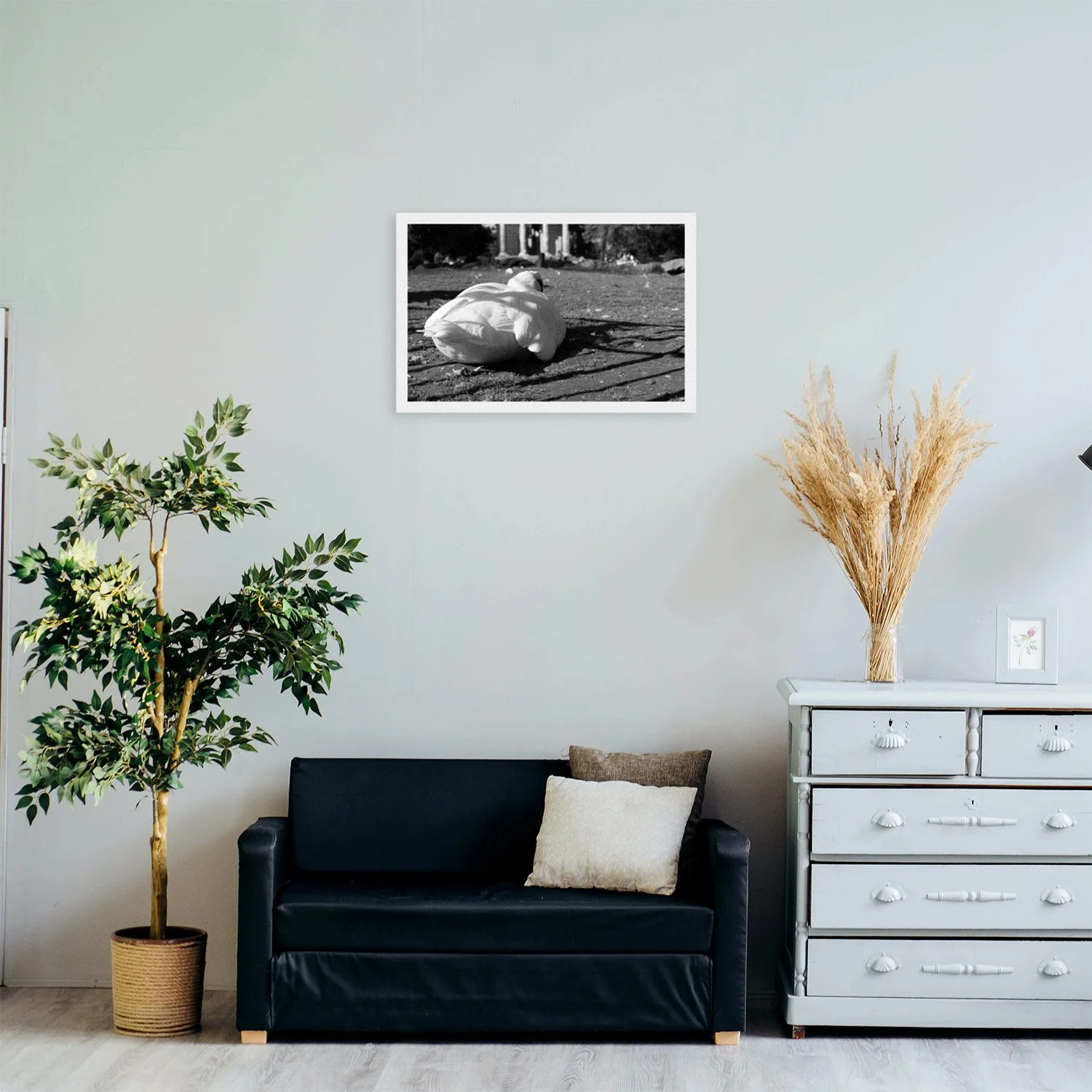 A modern living room with a black sofa, potted plant, and a framed black and white photograph on the wall. Natural decor elements are present.