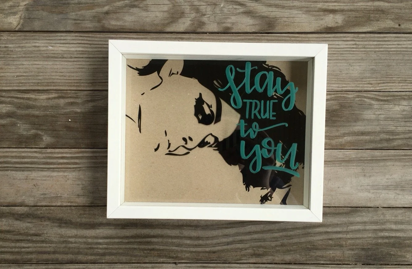 Hand Lettering on glass of shadow box