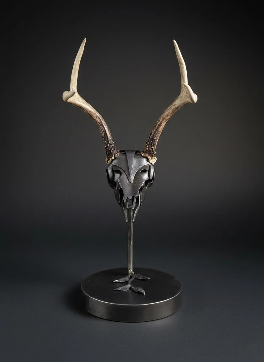 A decorative sculpture of a mounted deer skull with antlers, made of black metal, on a circular base, placed outdoors among green foliage and dirt.