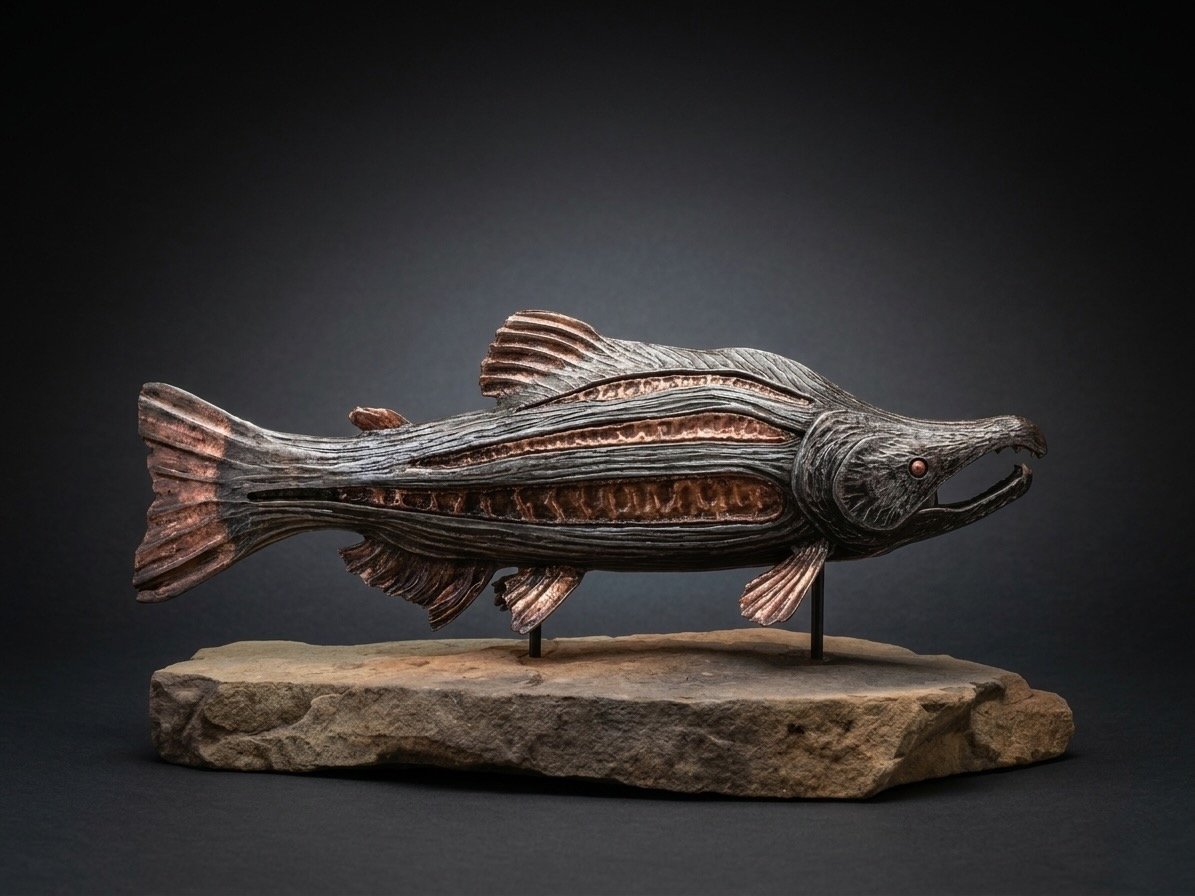 Sockeye Salmon made from steel and copper on a natural sandstone base