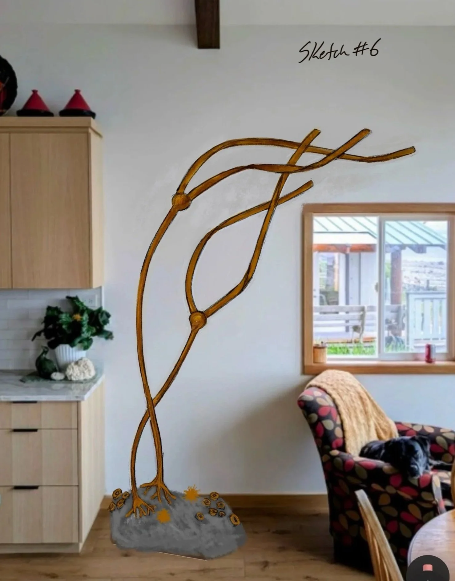 Concept sketch of a tall metal sculpture of bull kelp with flowing curved fronds on a stone base, displayed in a home interior