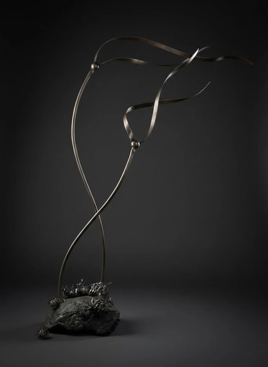 Bull kelp sculpture forged steel and stone