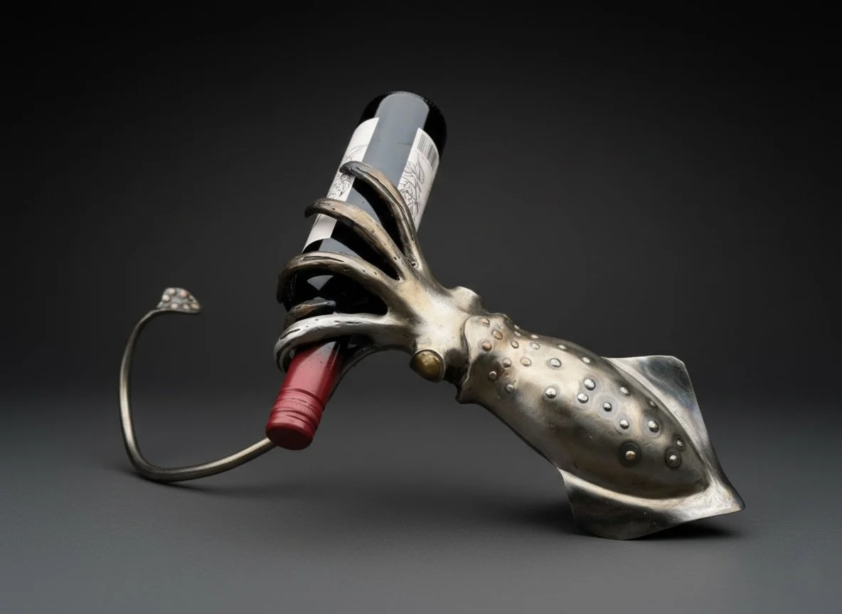 A metal sculpture of a squid with a wine bottle in its tentacles, placed on a rocky surface outdoors.