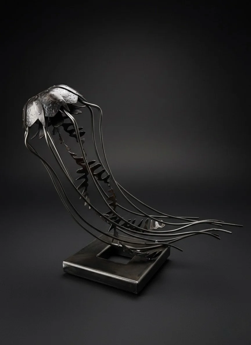 Forged and welded sculpture of a jellyfish on a square base