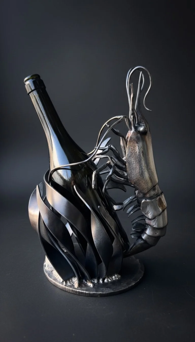 Wine bottle holder made of steel in the shape of a spot prawn with seaweed kelp cradling a wine bottle