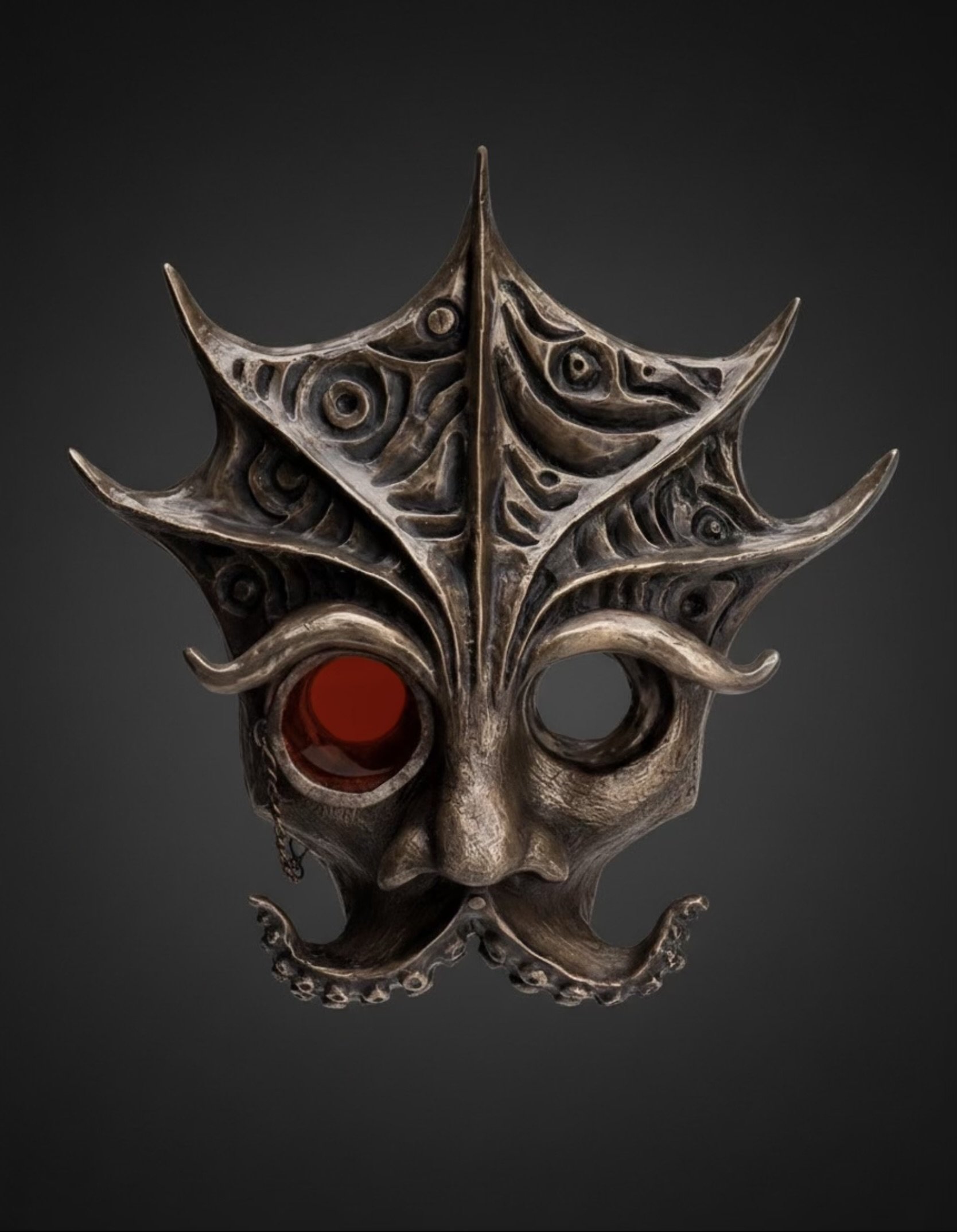 A decorative mask resembling a mythical or fantasy creature, with intricate carvings and two hollow eye openings, one with an orange interior.