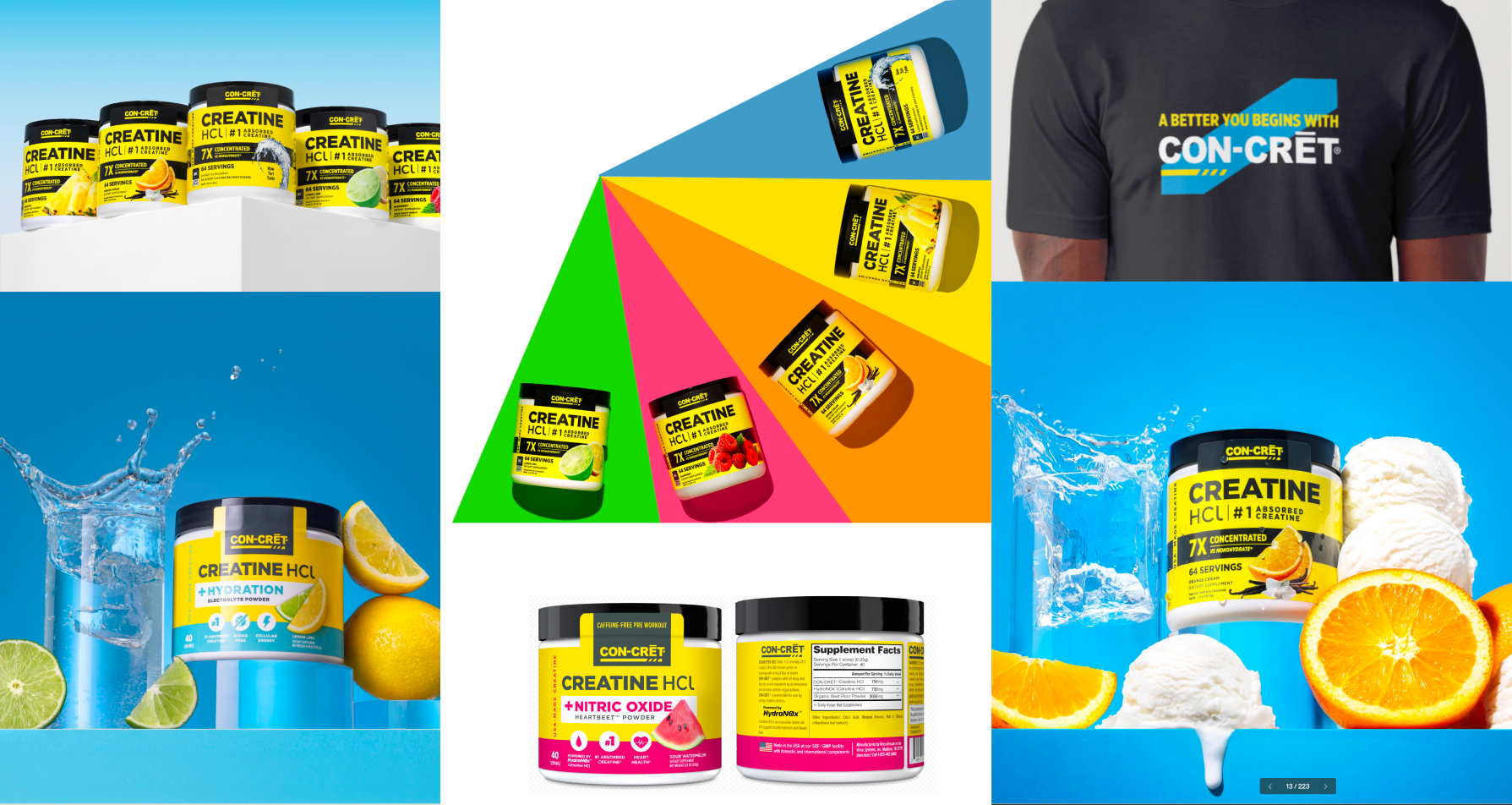 Collage of CON-CRET creatine supplements with colorful backgrounds, pictures of fruits, and a person wearing a black T-shirt with the CON-CRET logo.