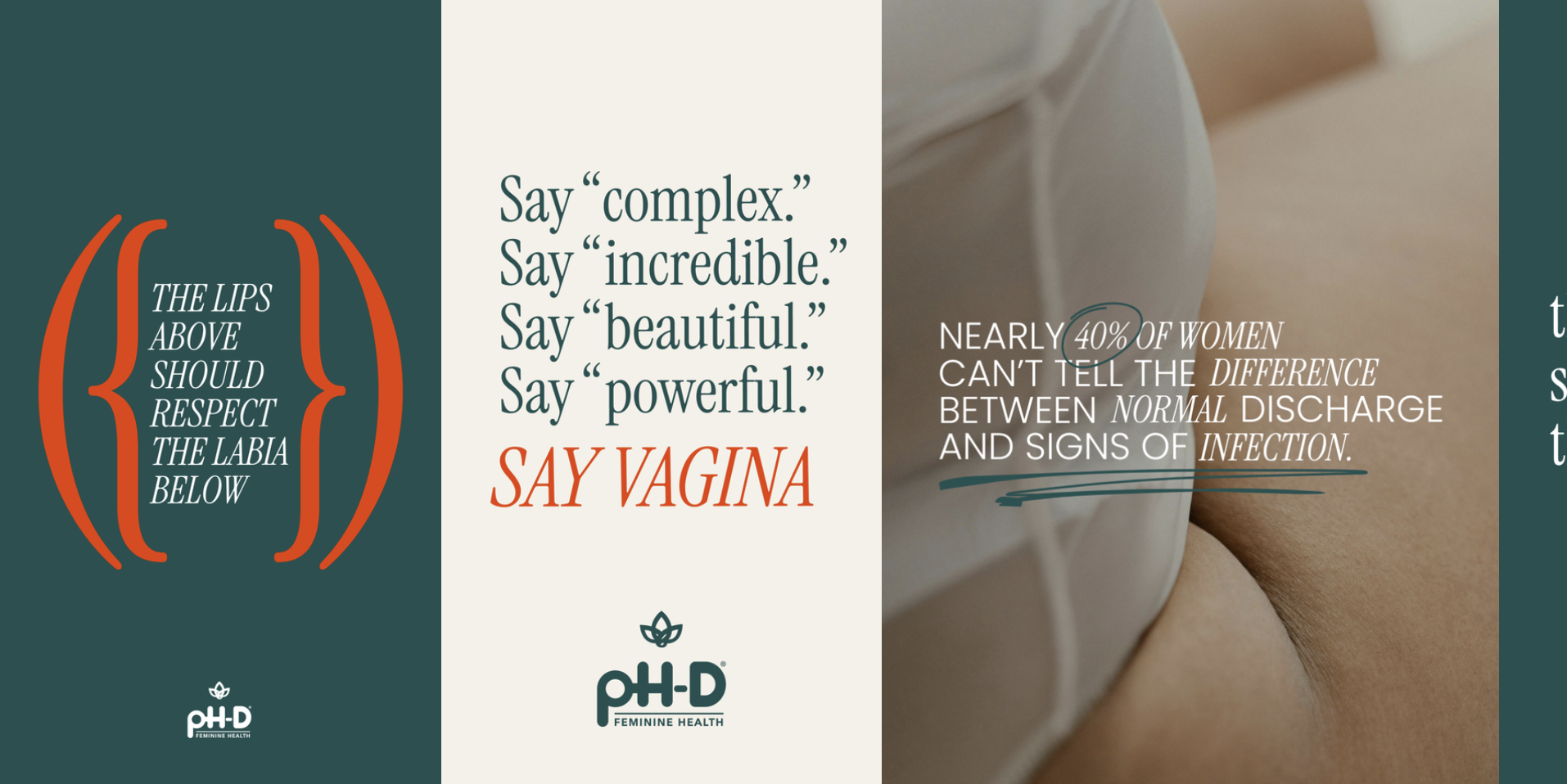 Text highlighting the importance of respecting the labia, with phrases like "Say complex," "Say incredible," "Say beautiful," and "Say powerful," and emphasizing the phrase "Say Vagina" in bold red. A statistic states nearly 40% of women cannot tell the difference between normal discharge and signs of infection, with the phrase underlined, and the background includes part of a person's body and a logo at the bottom.