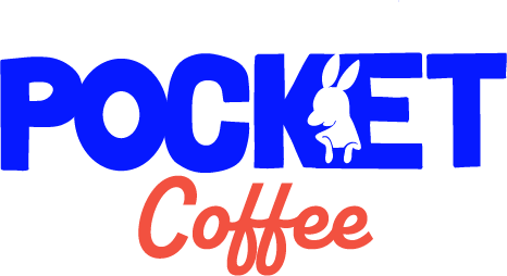 Logo with the word 'POCKET' in large blue letters, a small dinosaur figure, and the word 'Coffee' in red script.