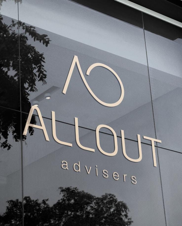 Sign on a building with the logo and name 'NO ALOUT' and the word 'advisers' underneath. Cara Dunning Branding Design