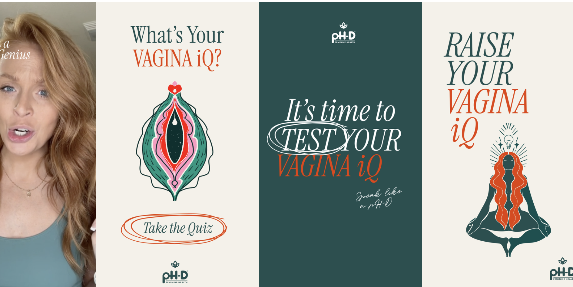 Promotional graphic for a test called Vagina iQ, featuring text that encourages testing and a stylized illustration of a woman meditating with a light bulb above her head, promoting women's health awareness.