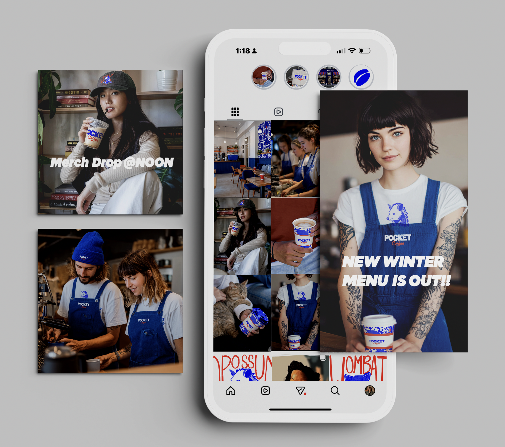 Instagram feed on a smartphone surrounded by photos of people at a coffee shop, including a woman with a drink, two baristas working, and promotional graphics for a coffee brand.