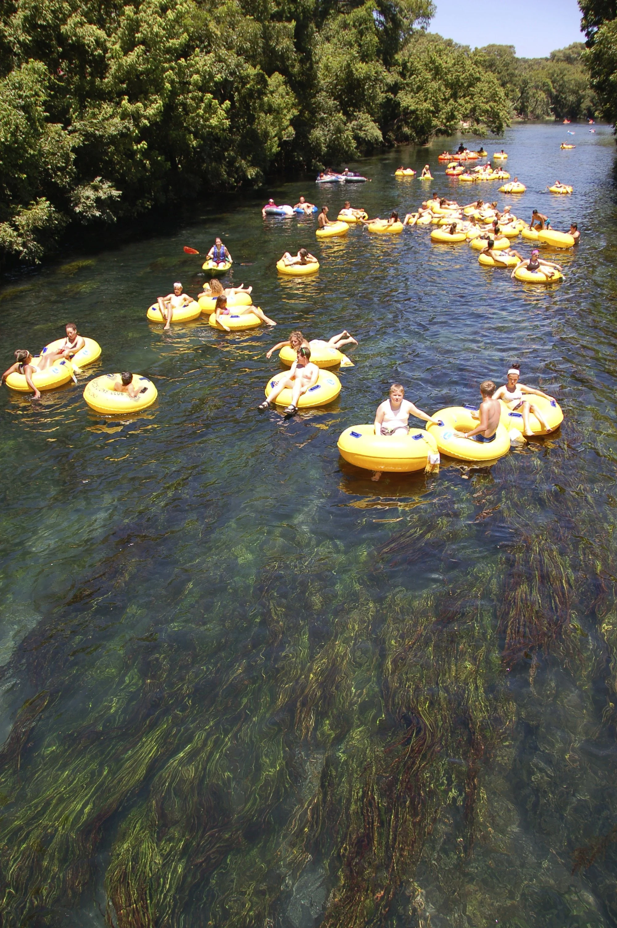 Group of people floating down the San Marcos River at Lions Club Tube Rental.