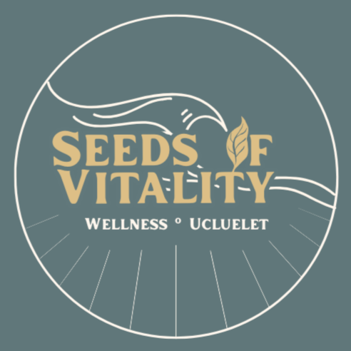 Logo for Seeds of Vitality Wellness Ucluelet featuring a stylized hand, a leaf, and text.
