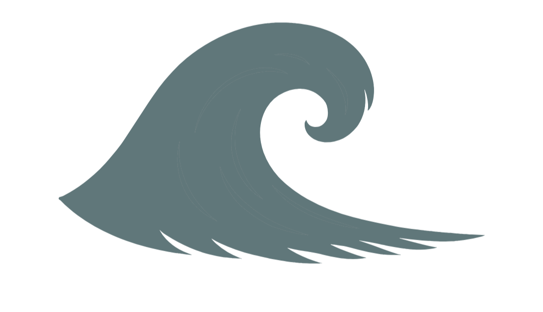 A stylized illustration of a large, rolling ocean wave in shades of gray.