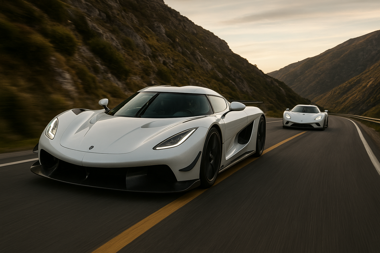 Zwei weiße Sportwagen fahren auf einer kurvigen bergischen Straße mit Bergen im Hintergrund, bei Sonnenuntergang.