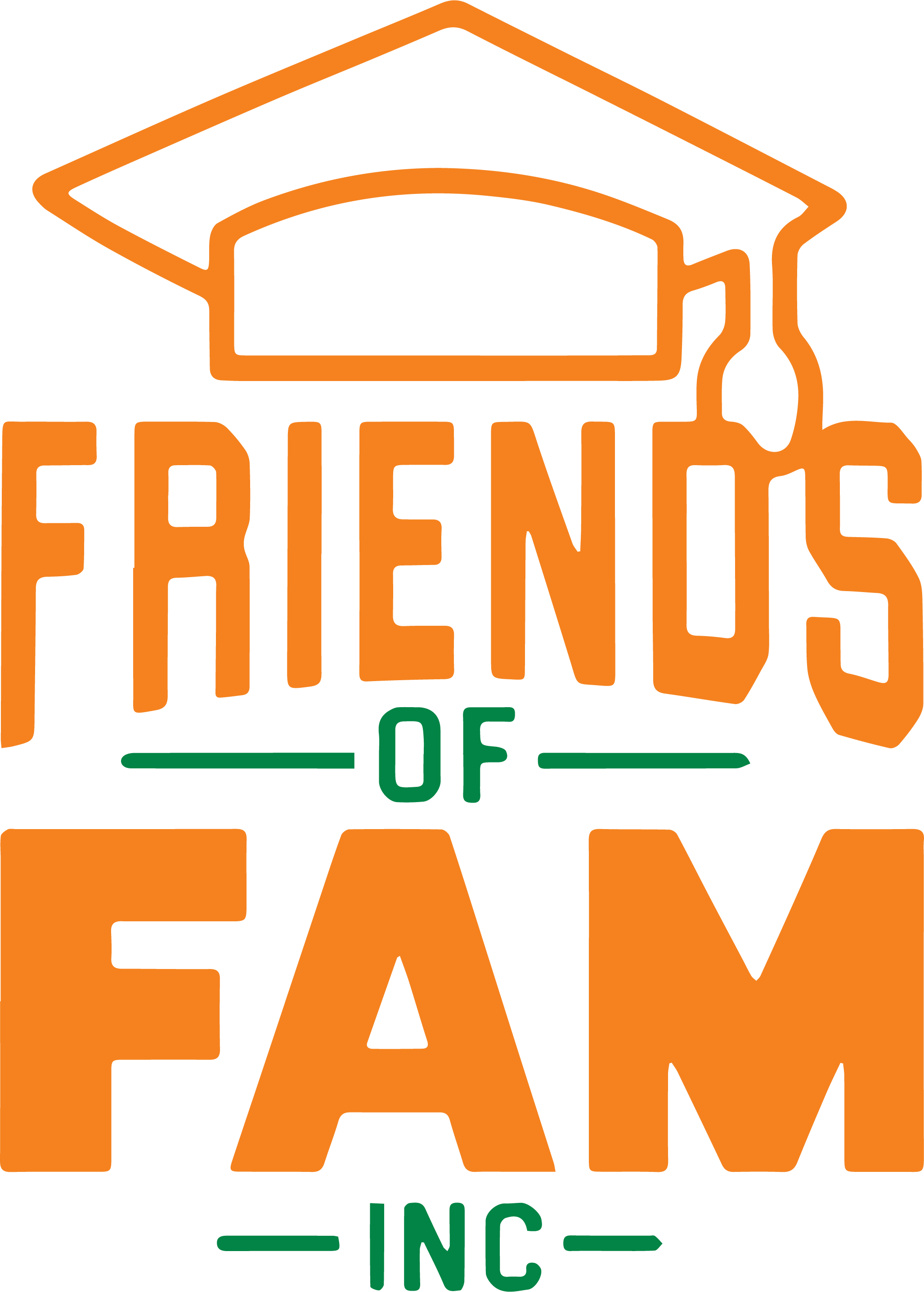 Logo for 'Friends of Farm Inc' featuring an orange graduation cap and the text 'FRIENDS OF FARM INC' with 'OF' and 'INC' in green.