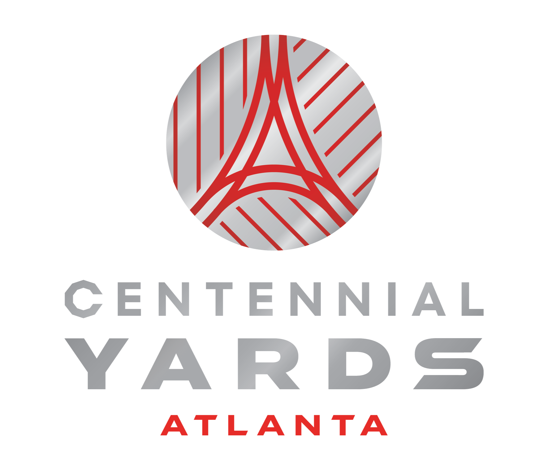 Logo for Centennial Yards Atlanta featuring a stylized red and gray circular emblem above the text 'Centennial Yards Atlanta' with 'Centennial Yards' in gray and 'Atlanta' in red.