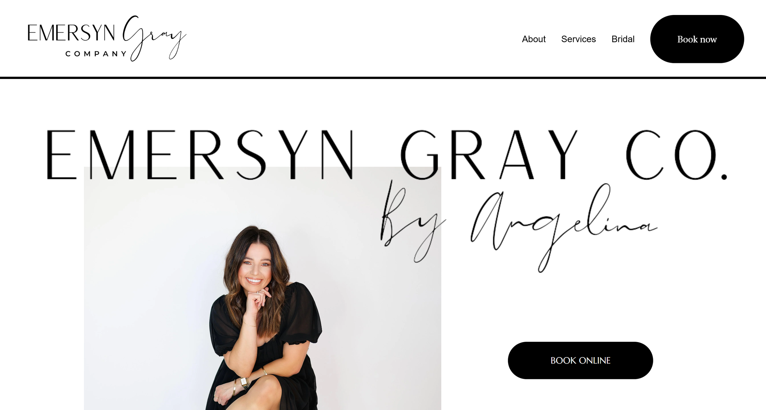 Homepage of Emersyn Gray Co. featuring a smiling woman in a black dress, with navigation links 'About,' 'Services,' 'Bridal,' a black 'Book now' button, and a black 'Book Online' button.