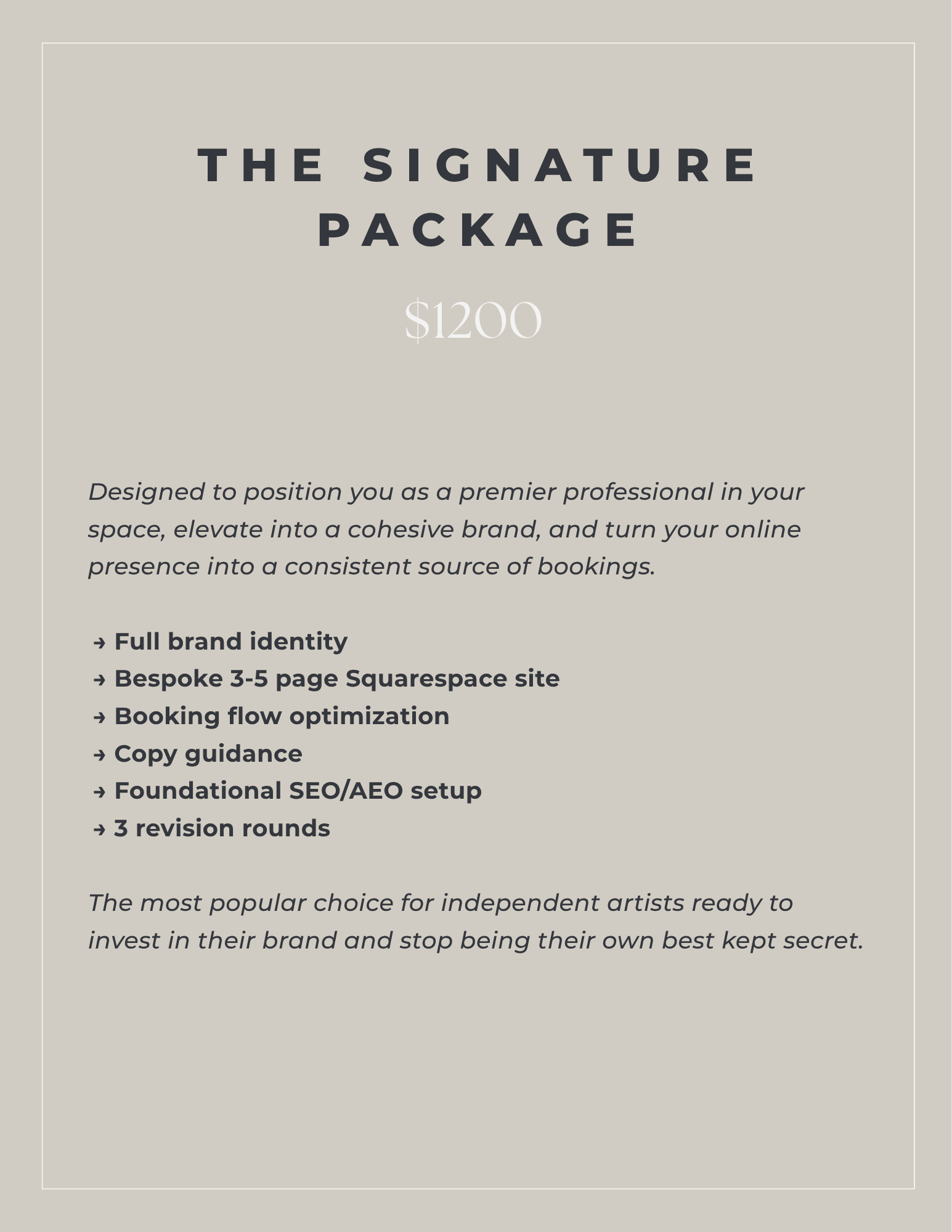 A promotional flyer for a branding package priced at $1200, highlighting features like full brand identity, bespoke website, booking flow optimization, copy guidance, SEO/AEO setup, revision rounds, and more, targeting independent beauty artists.