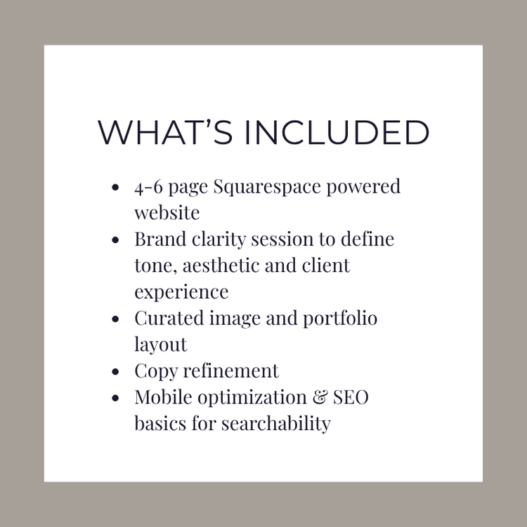 A presentation slide outlining services offered, including website development, brand clarity sessions, curated images and portfolio layouts, copy refinement, and mobile SEO basics.