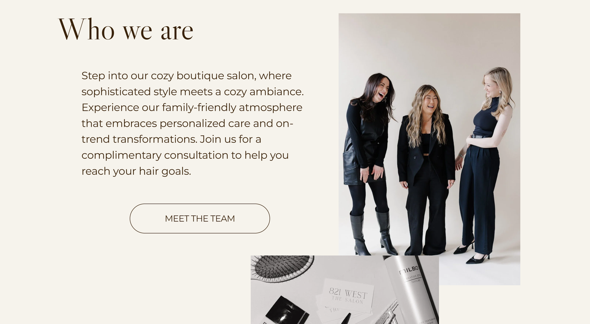 Three women in fashionable black and dark blue outfits standing and laughing together in a photo studio setting. The page has text about a boutique salon and a "Meet the Team" button on a light background.
