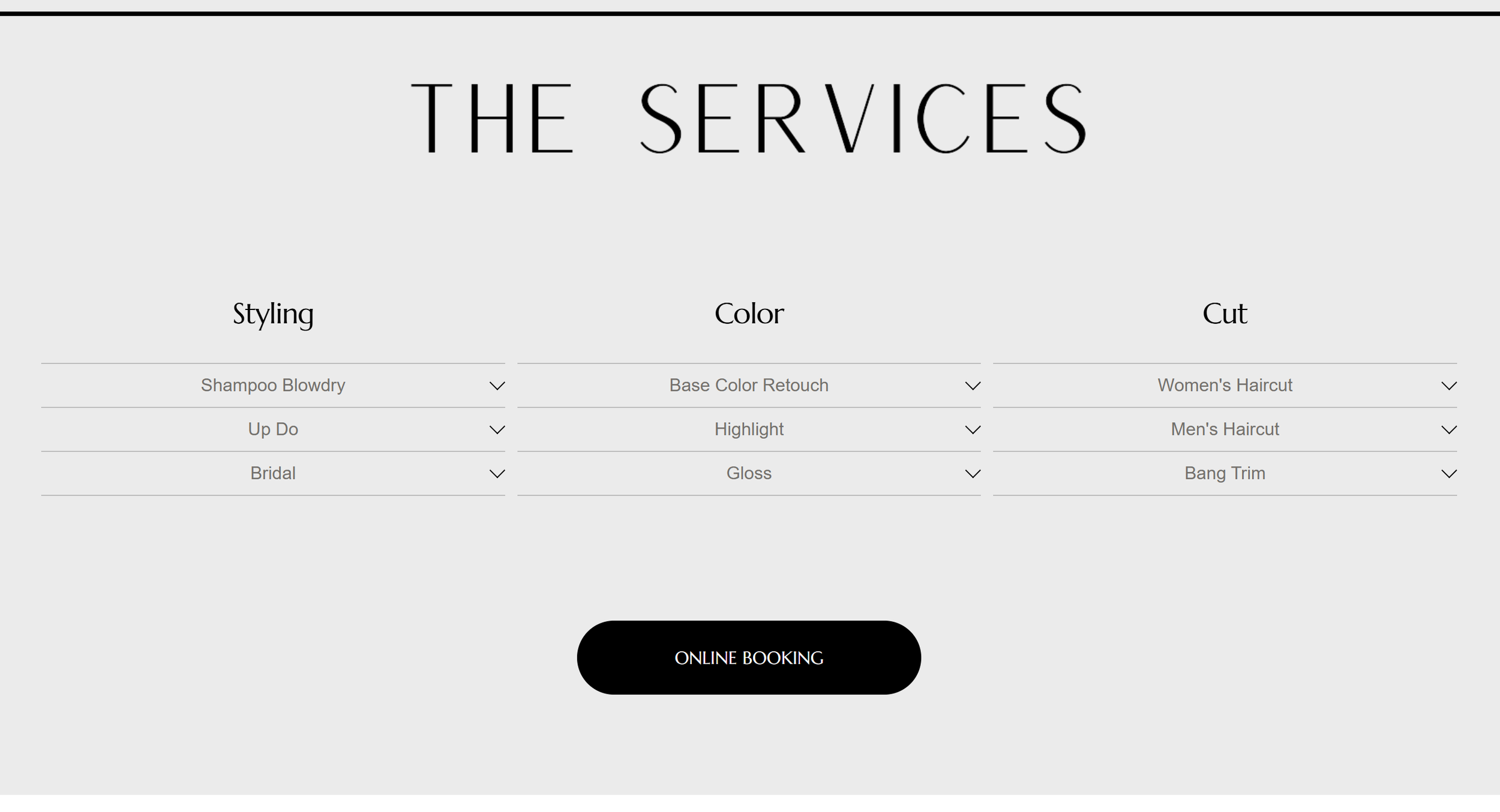 A website page titled 'The Services' with three columns labeled Styling, Color, and Cut, listing different hair service options, and a black button below labeled 'Online Booking'.
