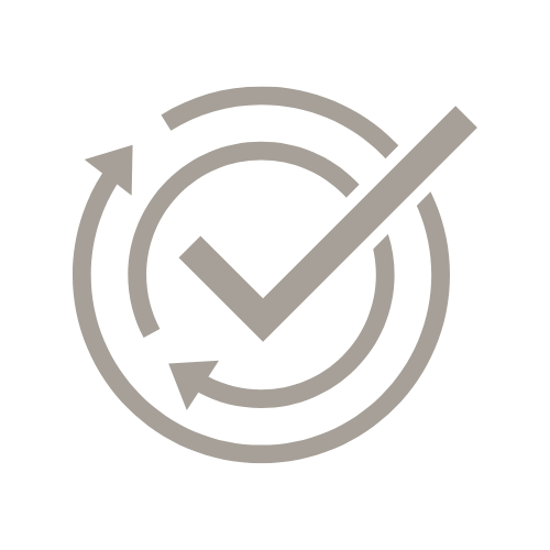 A check mark inside a circle with arrows indicating a process or cycle.